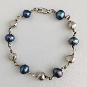 Silver and faux grey pearl bracelet